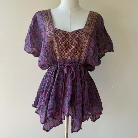 Free People Tops - Free People Purple Paisley Embroidered Drawstring Waist Boho Blouse
